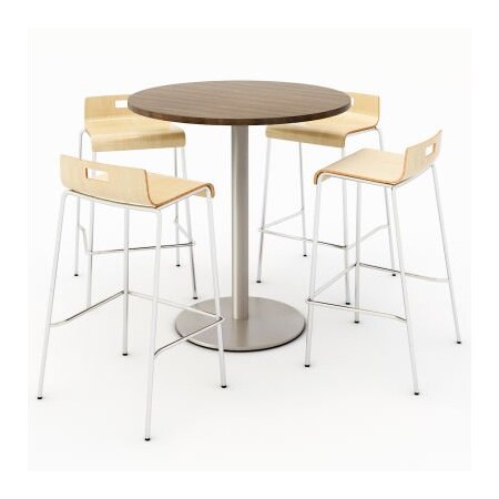 Kfi KFI 36" Round Dining Table & 4 Barstool Set, Studio Teak Table With Natural Stools T36RD-B1922SL-38-7960K-BR9333-4-NA